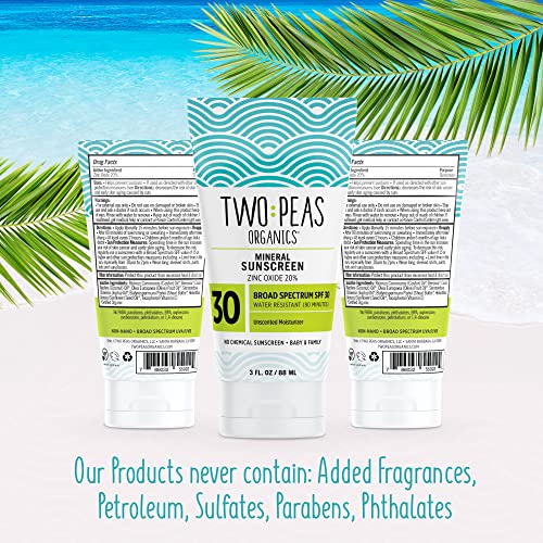 Two Peas Organics - All Natural Organic SPF 30 Sunscreen Lotion - Coral Reef Safe - Baby, Kid & Family Friendly - Chemical Free Mineral Based Formula - Waterproof & Unscented - 3oz (two Pack)