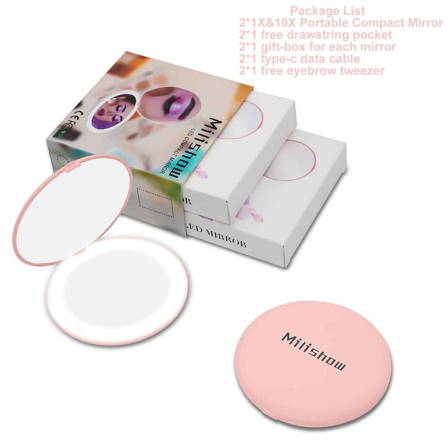Milishow Compact Mirror with LED Light,1x/10x Magnifying Rechargeable Mirror,3.5in, Dimmable Travel Mirror for Purse,Pocket,Handheld 2-Sided Makeup Mirror