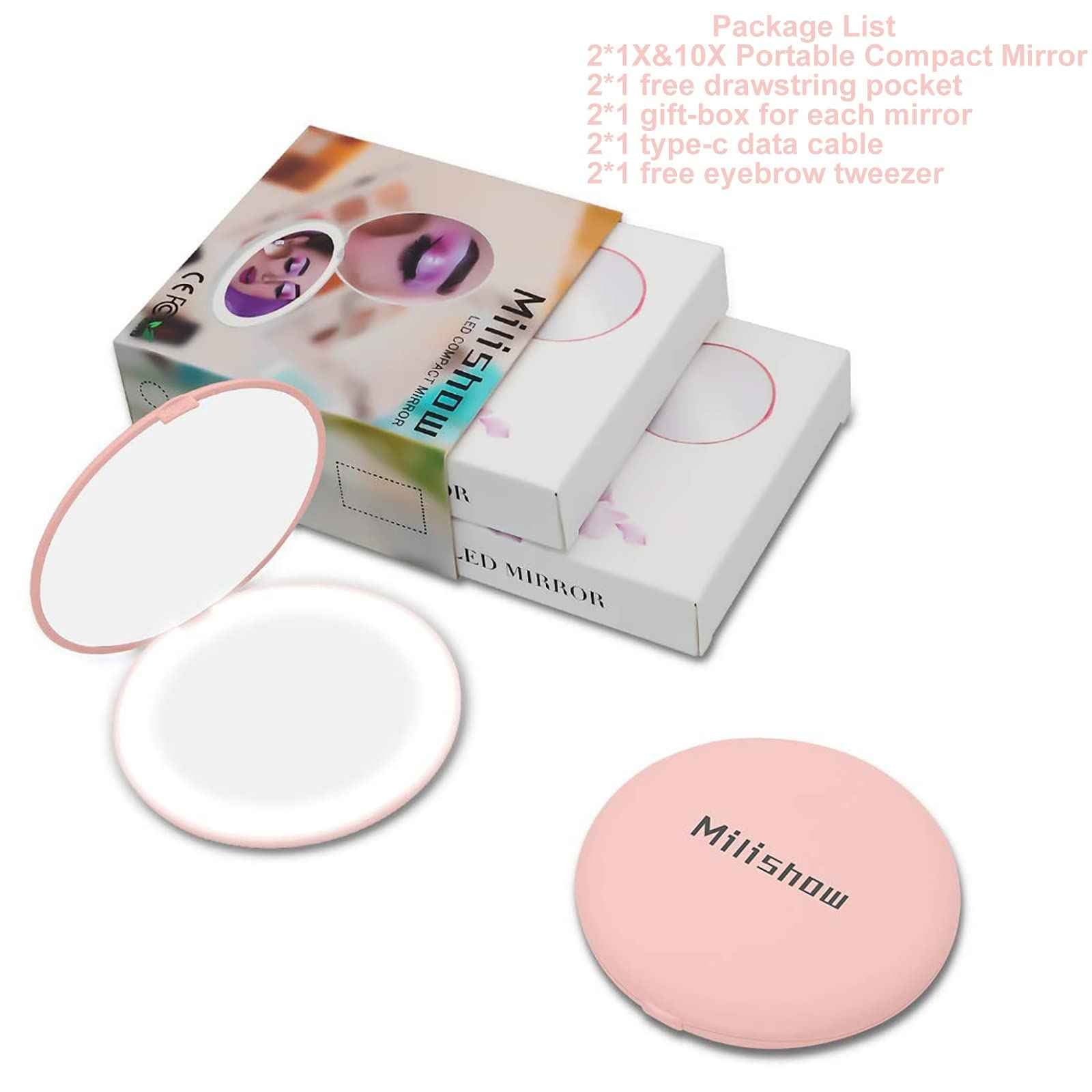 Milishow Compact Mirror with LED Light,1x/10x Magnifying Rechargeable Mirror,3.5in, Dimmable Travel Mirror for Purse,Pocket,Handheld 2-Sided Makeup Mirror