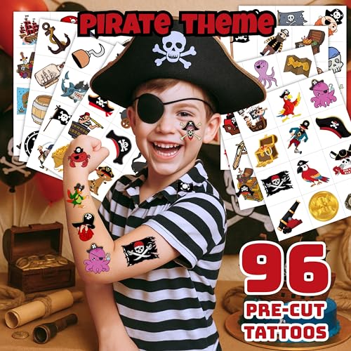 96 Pcs Pirate Temporary Tattoos for Kids Party Favors