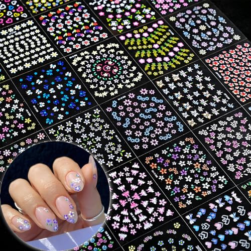 3D Flower Nail Art Stickers Decals, 30 Sheets Cute Daisy & Heart Designs