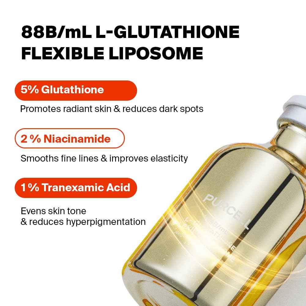 PURCELL 5% L-Glutathione (88B/mL) Flexible Liposome Face Serum - High Concentration with Vitamin B3, Vitamin E, Tranexamic Acid for Hydrating & Brightening (1.85 fl oz / 55ml)