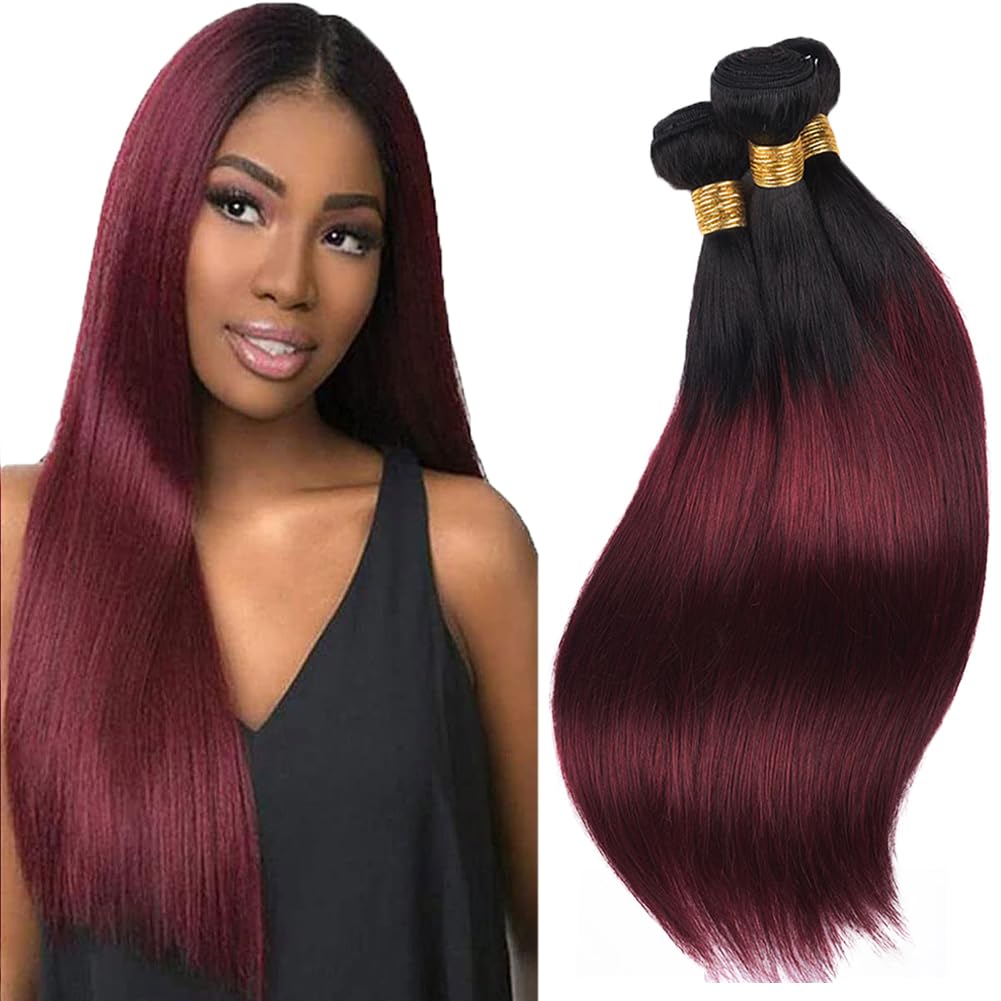 24 26 28 Inch Burgundy Human Hair Bundles Ombre 1b99j Bundles Brazilian Straight Remy Hair 3 Bundles Red Straight Bundles Human Hair Double Weft Hair Extensions for Black Women 100g/Pc