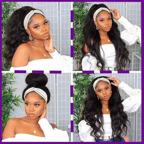 Human Hair Headband Wig Body Wave Real Hair Head Band Wigs for Black Women 100% Brazilian Human Hair Wear and Go Glueless Wigs 150% Density Machine Made Half Straight Wig Natural Color