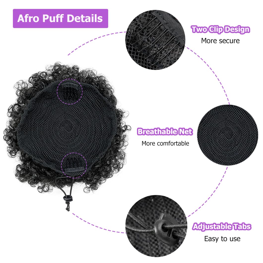 QTHQTFL Large Afro Puff Ponytail, Short Synthetic Afro Puff Ponytail for Natural Hair Extensions for Black Women(Natural Black 1B#)