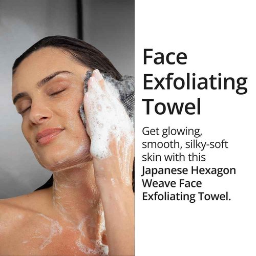 Exfoliating Washcloth Face & Body Scrub Towel - Japanese Exfoliating Towel with Hexagon Fibers, Body Scrubber with 2 Sides for Scrubbing & Washing (Black, 27cm x 35cm)