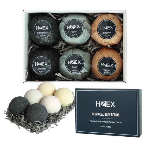 Charcoal Bath Bombs Gift Set – 6 Piece Natural Spa Fizzies with Essential Oils – Handmade Organic Moisturizing Vegan Bath Bombs for Relaxation, Detox, Stress Relief – Gifts for Men & Women