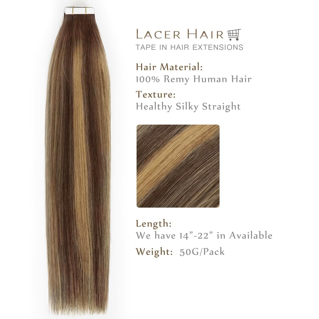 LacerHair Hair Extensions Tape in Human Hair Color #5 Dark Brown Fading to #12 Dirty Blonde with #5 Dark Brown Roots Natural Hair Extensions 20PCS 50G Tape in Straight Skin Weft 14 Inch