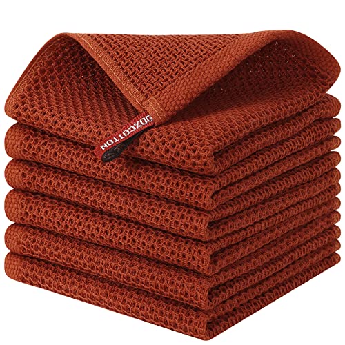 Kitinjoy 100% Cotton Kitchen Dish Cloths, 6 Pack Waffle Weave Dish Towels Ultra Soft Absorbent Quick Drying Dish Rags, 12 X 12 Inches, Rust