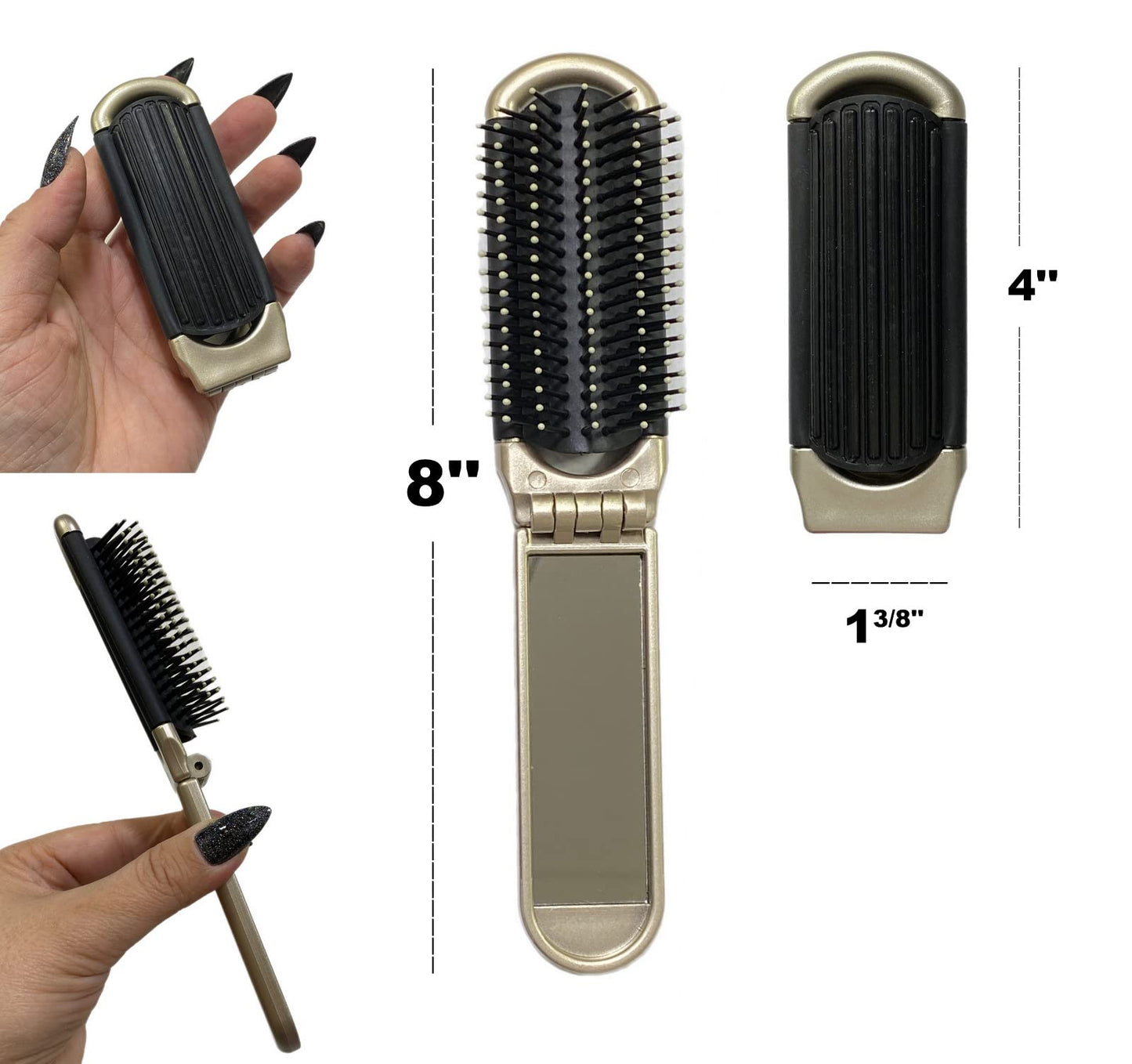 2 Champagne Beige ALAZCO Folding Hair Brush With Mirror Compact Pocket Size Travel Car Gym Bag Purse Locker Swimming Camping Sleepover Gift and more