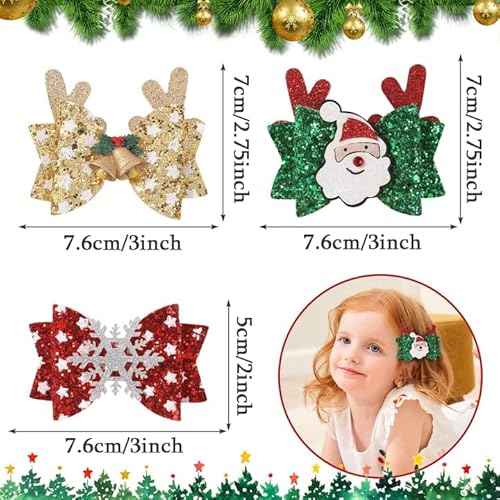 choicbaby 6pcs Christmas Hair Bows Clips 3" Glitter Sequin Baby Girl Hair Bows Christmas Bell Snowflake Santa Hair Accessories for Baby Girls Toddler Kids