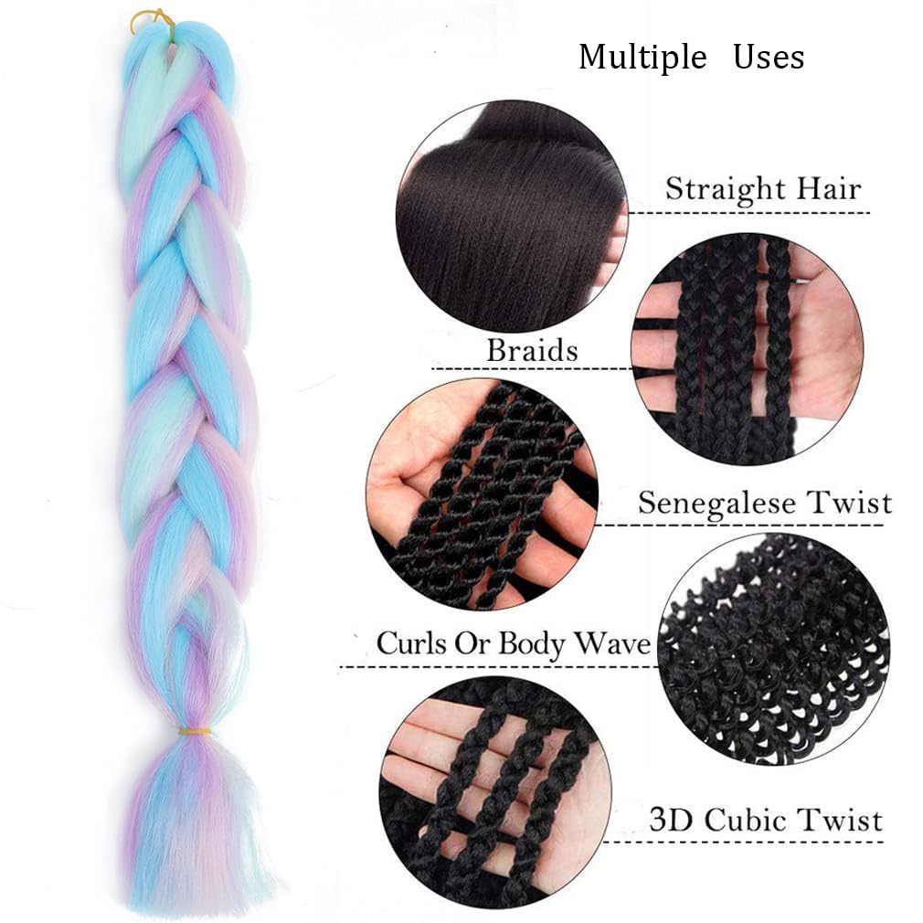 Rainbow Braiding Hair 3 Packs 24inch Jumbo Braiding Hair Extension Four Color Mix Braiding For Twist Braids,Jumbo Box Braids High Temperature Synthetic Fiber(Pink/Blue/Purple/Light Cyan)