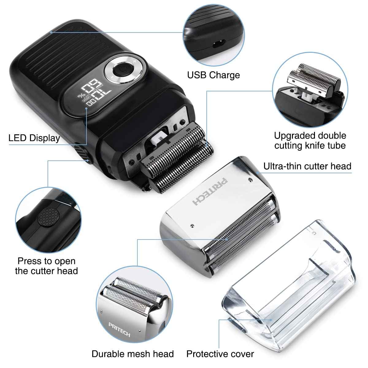 PRITECH Foil and Bald Shavers 2 in 1 Electric Shaver for Men Foil Blade and PopupTrimmer with Rechargeable 3 Adjustable Speeds Men's Shaver (Black Silver)