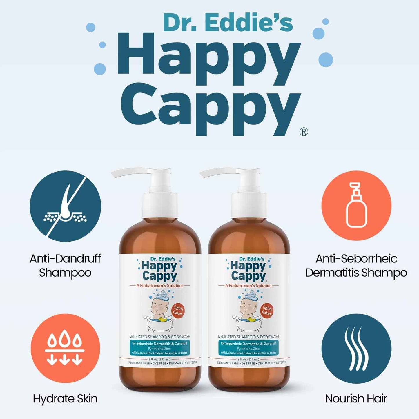 Happy Cappy Medicated Shampoo and Body Wash- Baby Dandruff Shampoo, Helps Cradle Cap and Seborrheic Dermatitis, Reduces Redness, Dermatologist Tested, Fragrance-Free- 8 Fl Oz (Pack of 2)