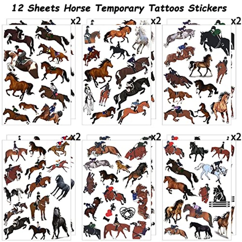 12 Sheets Horse Temporary Tattoos, Horse Birthday Party Supplies Horse Party Favors Gifts Horse Stickers Fake Tattoos Horse Party Decoration Horse Themed Game Rewards Goodie Bag Fillers