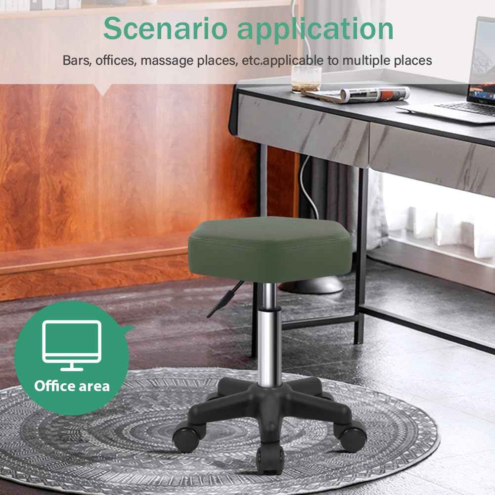 FURWOO Hexagon Rolling Stool Height Adjustable Stool with Wheels for Spa Salon Massage Green