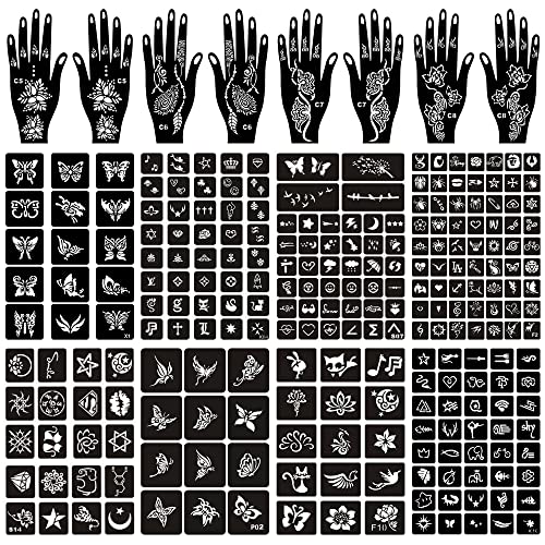 16 Sheets Henna Tattoo Stencils Kit Reusable for Women Girls and Kids,150+ PCS Temporary Indian Arabian Glitter Airbrush Tattoo Stencils for Face Body Paint DIY