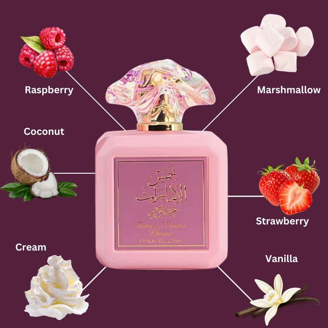Ard al Zaafaran Pink Blush Shams Al Emarat Khususi, Marshmallow Blush Perfume For Women, Eau de Parfum - 100 ML (3.4 OZ) Romantic & Sweet Arabian Perfume - A Captivating Scent wrapped in Pink Bottle