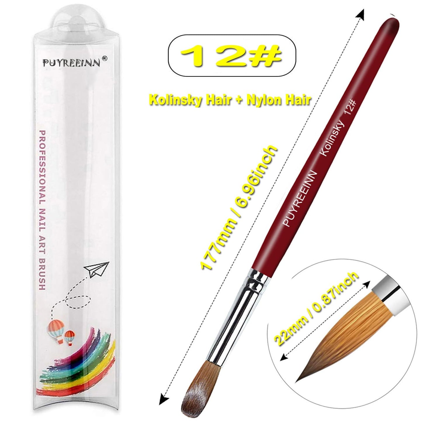 PUYREEINN Acrylic Nail Brush with Kolinsky Sable Hair and Red Wooden Hand, Round Professional Gel Brush for Acrylic Power and Nail Extension Size 8,10,12 (Size8 and Size12)