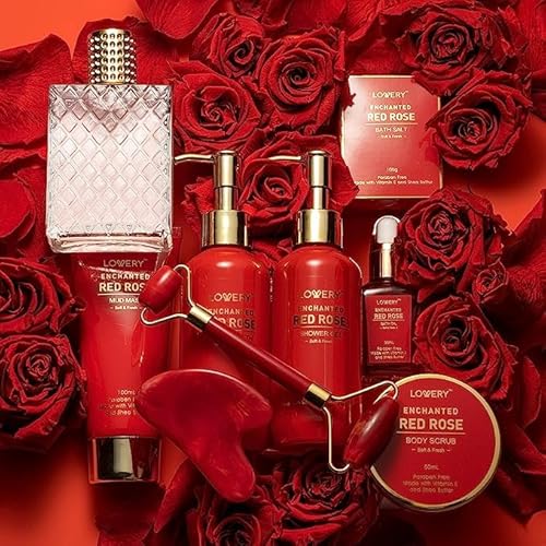 Anniversary Gifts for Her, Red Rose Spa Gifts for Women, Bath and Body Gift Set, Pampering Gift Basket, Birthday Gifts for Mom with Perfume, Jade Roller, Quartz Gua Sha Stone & More
