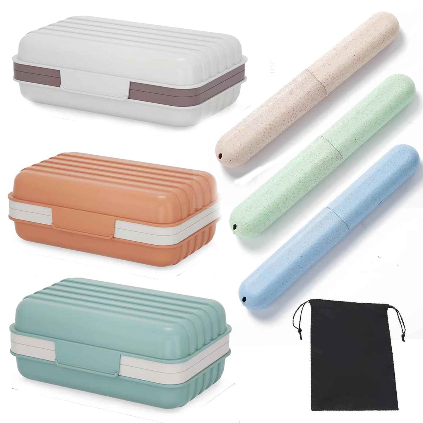 Xxshcdz 3Pcs Travel Soap Case and 3Pcs Toothbrush Travel Case Set,Leakproof Soap Dish with Lid Portable Toothbrush Holder for Traveling, Camping, Bathroom- Waterproof Drawstring Bag for Boot Backpack