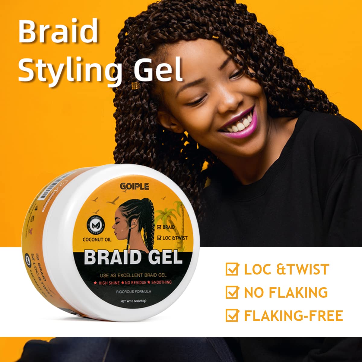 Goiple Strong Hold Braid Gel Good for Twist, Locs, Braids, Edge No Flake Extra Hold High Shine Braiding Gel & Edge Control 8.8oz with Hair Combs