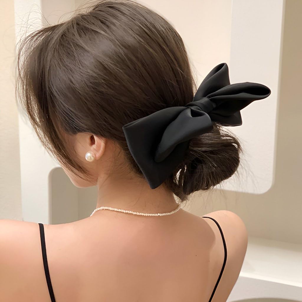 Bows Hair Barrettes Clips for Women 2 Pcs Silky Satin Vertical Hair Bow Black Beige Bowknot Ponytail Ribbon for Girls Holiday Party Birthday Gift