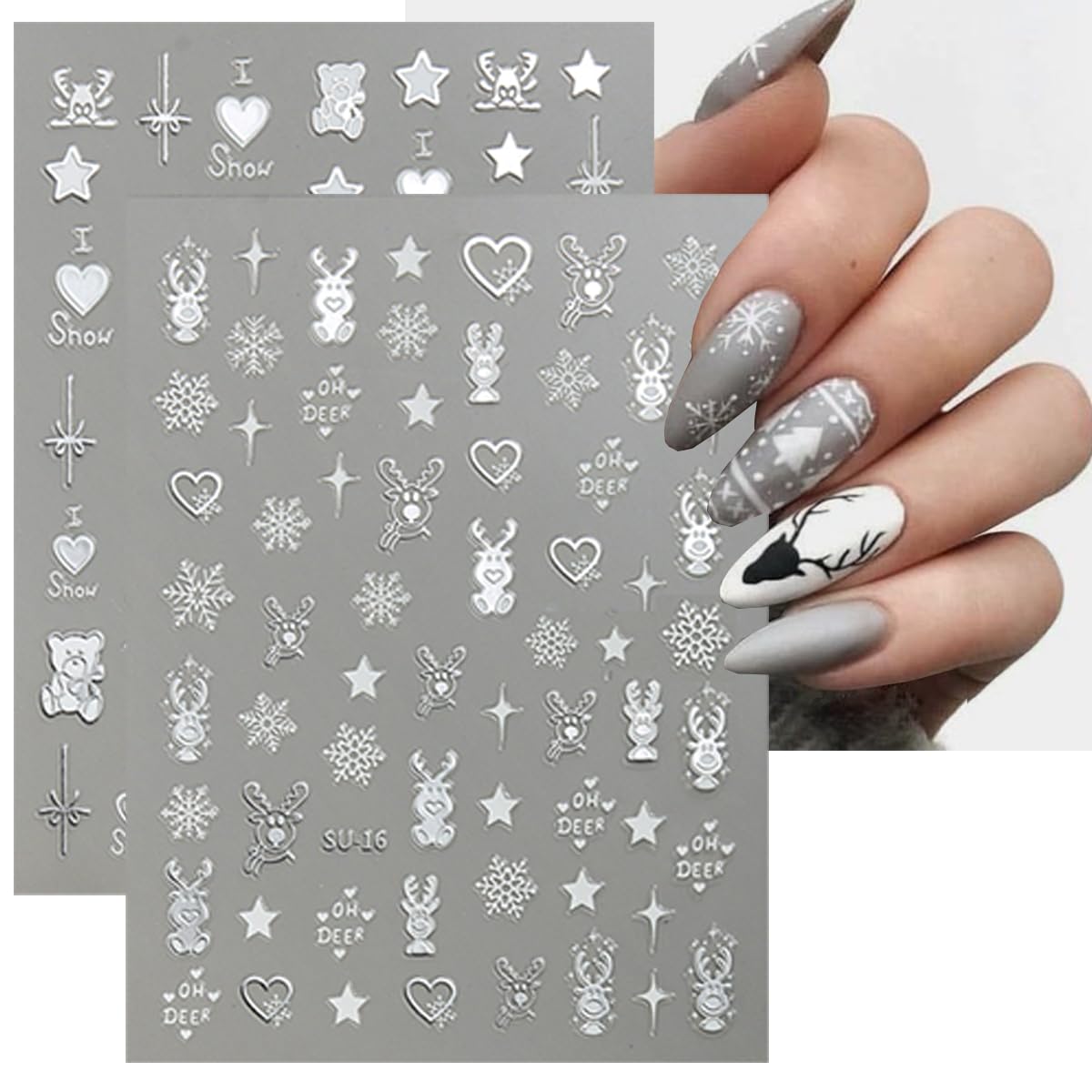 Christmas Nail Art Sticker Decals 8 Sheets Gold Silver Snowflake Nail Decals Elk Star Christmas Tree Gingerbread Man Design Holiday Nail Stickers Xmas Acrylic Nail Art Decorations Supplies for Women