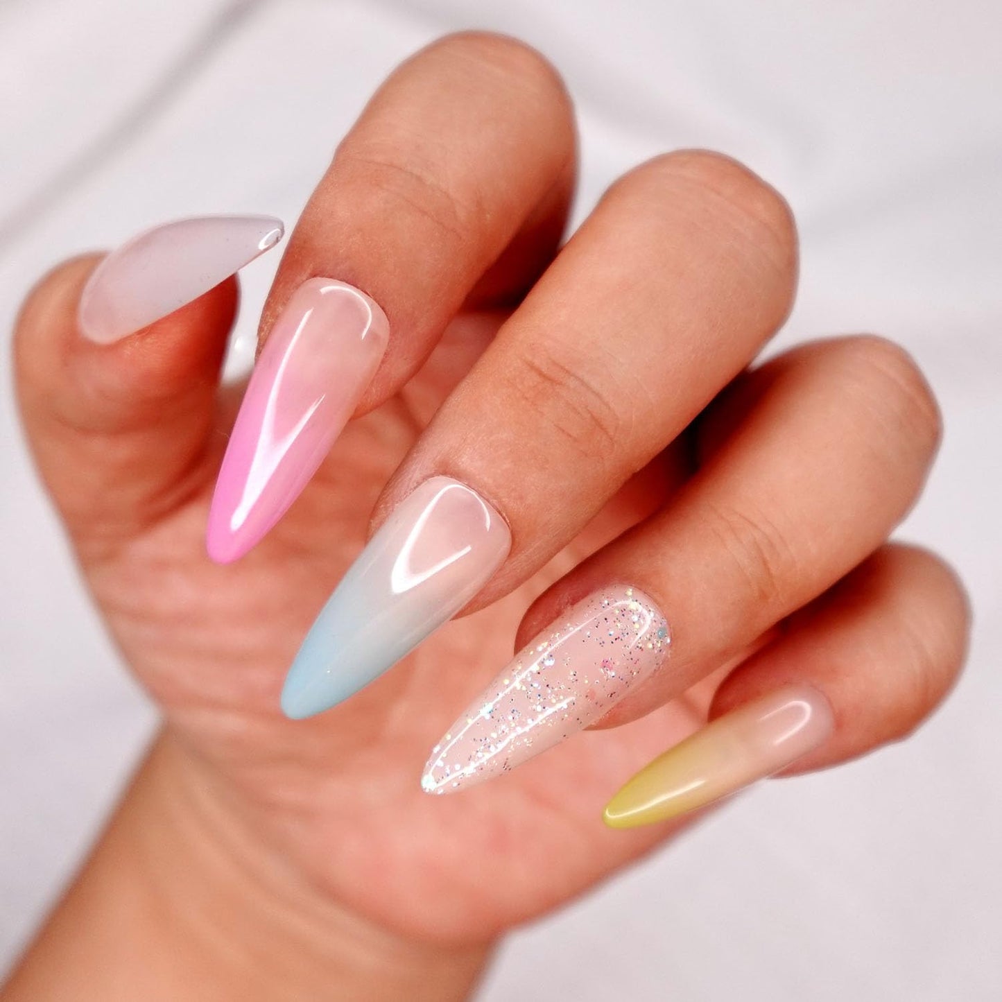 10 Pcs Handmade Press on Nails (Large, Dreamland - Nude Pastel French Ombre Tip with Glitter Bling Out/Stiletto) A116L