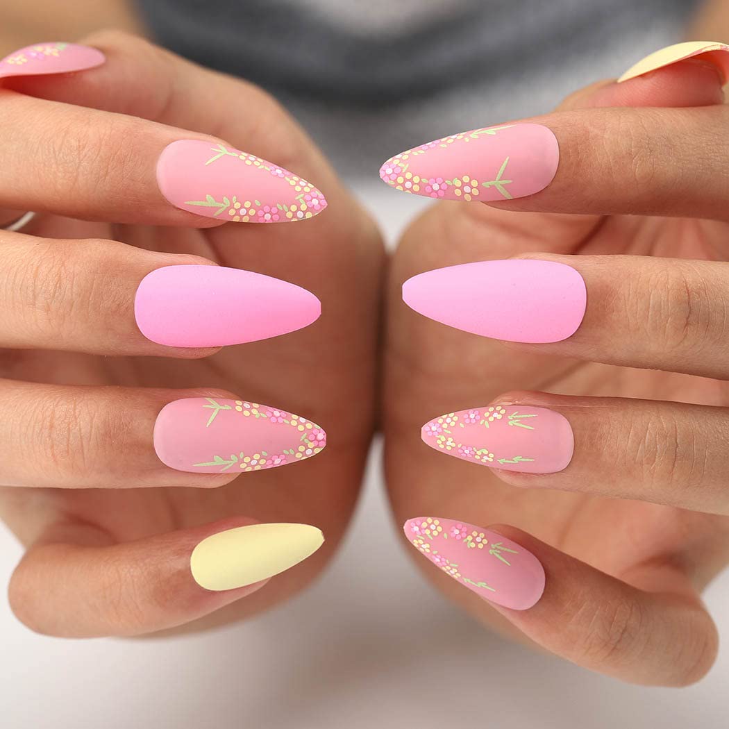 Outyua Tiny Flower Matte Almond Press on Nails Nude Medium Length False Nails with Designs Acrylic Nail Tips Artificial Fake Nail with Adhesive 24Pcs for Women and Girls (Tiny Flower)