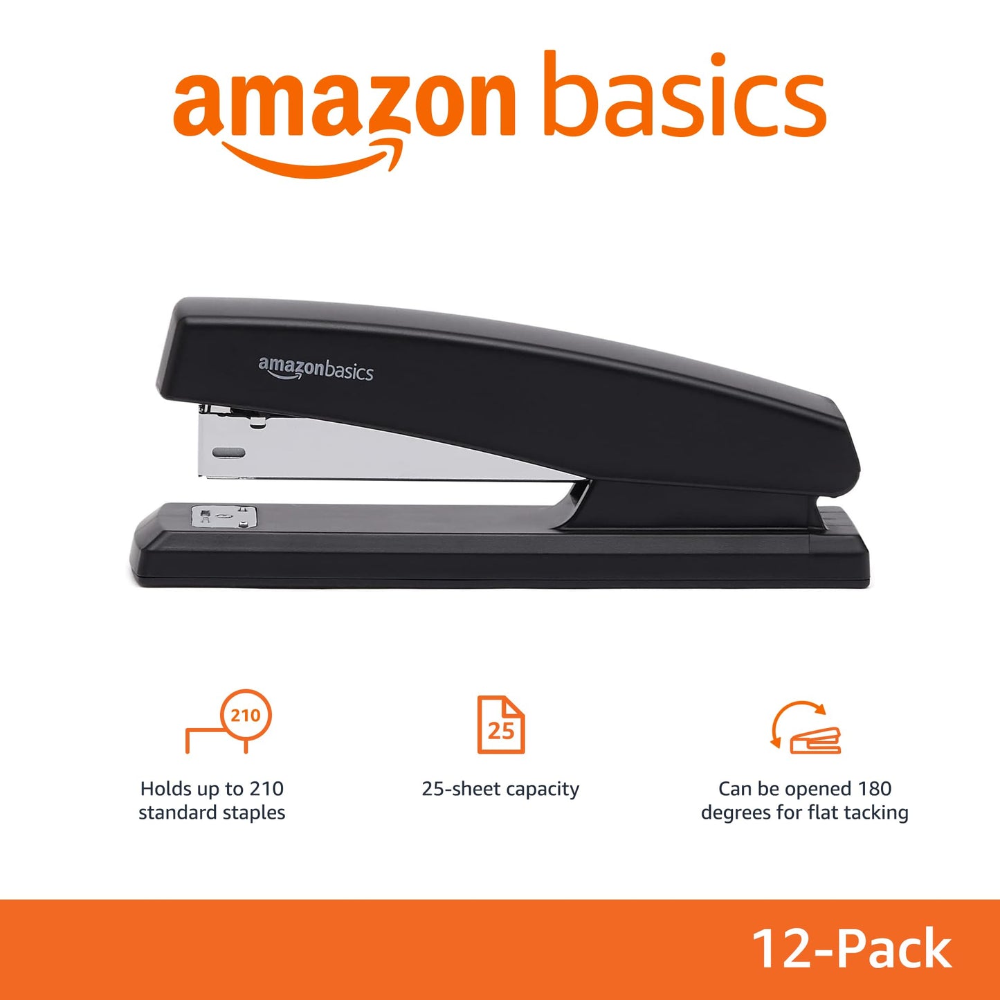 Amazon Basics 25-Sheet Capacity, Non-Slip, Office Stapler with 1000 Staples, Black - Pack of 12