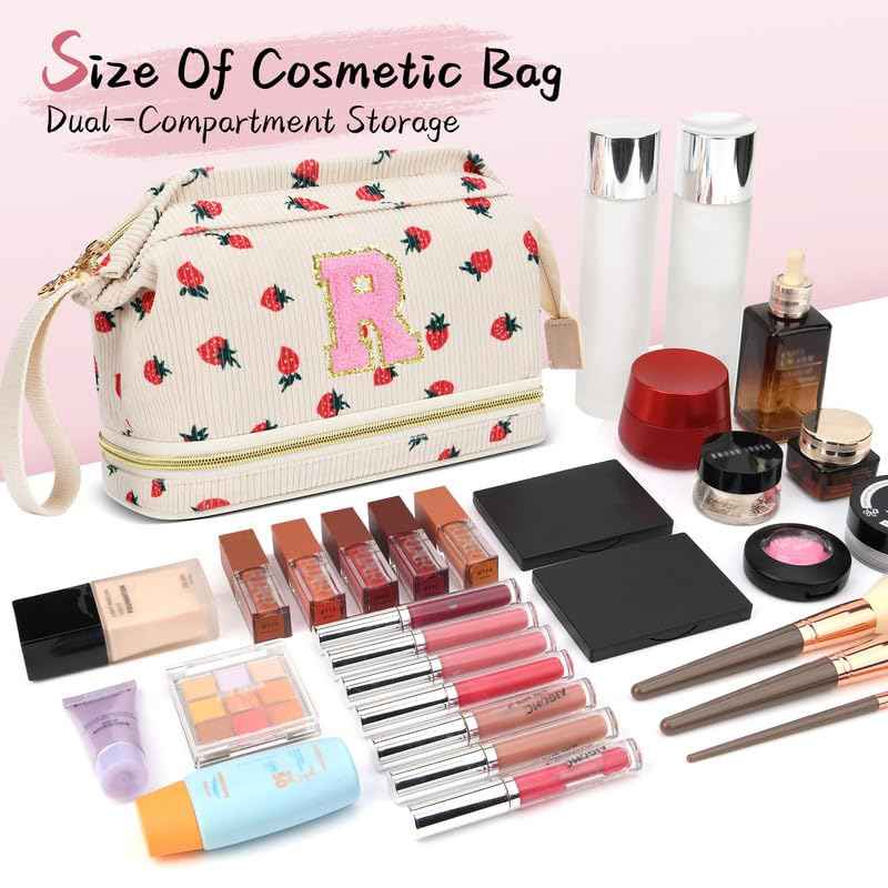 DTBG Personalized Initial Makeup Bag,Strawberry Quilted Makeup bag Christmas Gifts for Girls,Double Layer Travel cosmetic Bag with Make up Brush Organizer,Cute Travel Toiletry Pouch-M