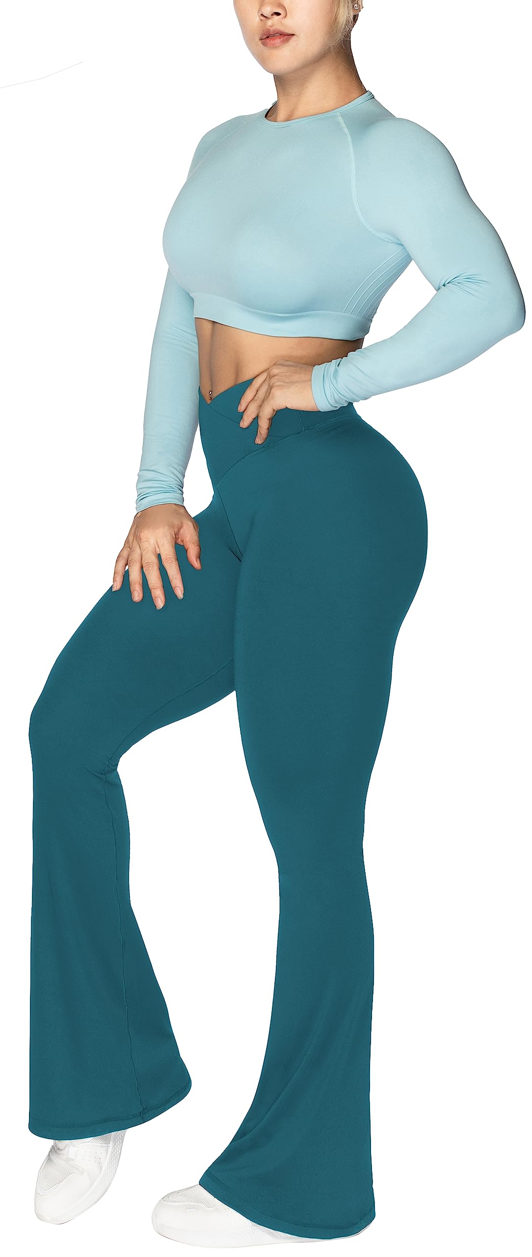 Sunzel Flare Leggings, Crossover Yoga Pants with Tummy Control, High-Waisted and Wide Leg, 30" Inseam, Deep Teal X-Small