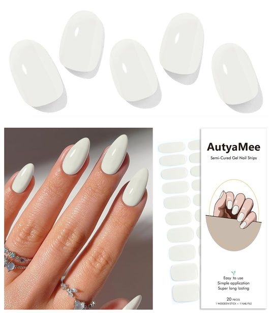 AutyaMee Semi Cured Gel Nail Strips (Grey White)-20 PCS Gel Nail Stickers | Gel Nail Wraps | UV Light Required, Salon Quality & Easy to Use