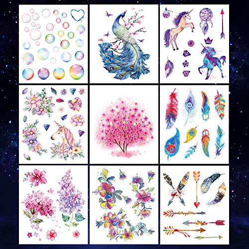 9 Sheets Waterproof Temporary Tattoo Stickers - Colorful Designs