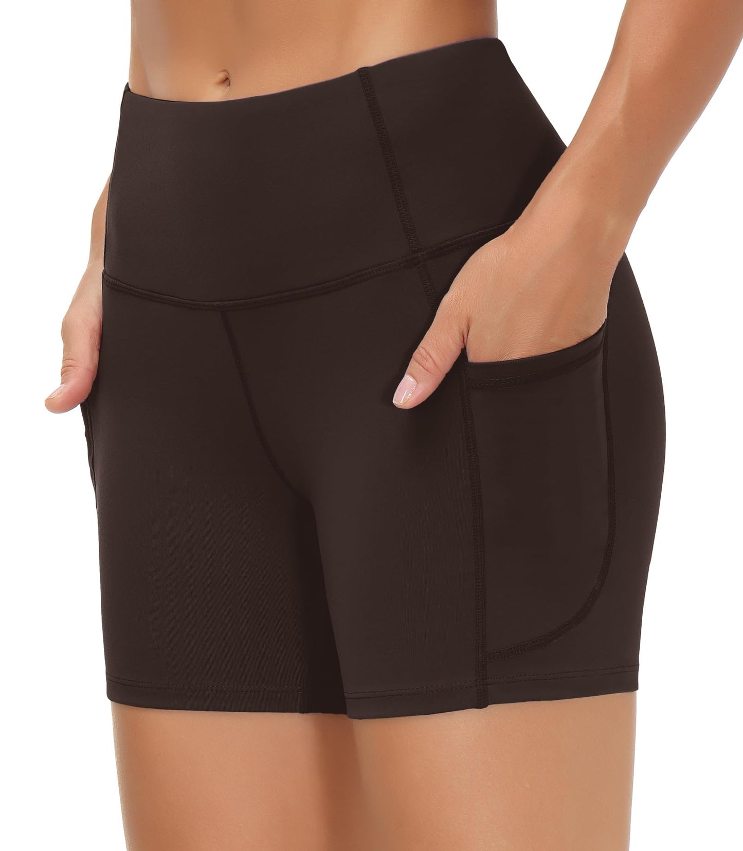 THE GYM PEOPLE High Waist Yoga Shorts for Women's Tummy Control Fitness Athletic Workout Running Shorts with Deep Pockets Brown