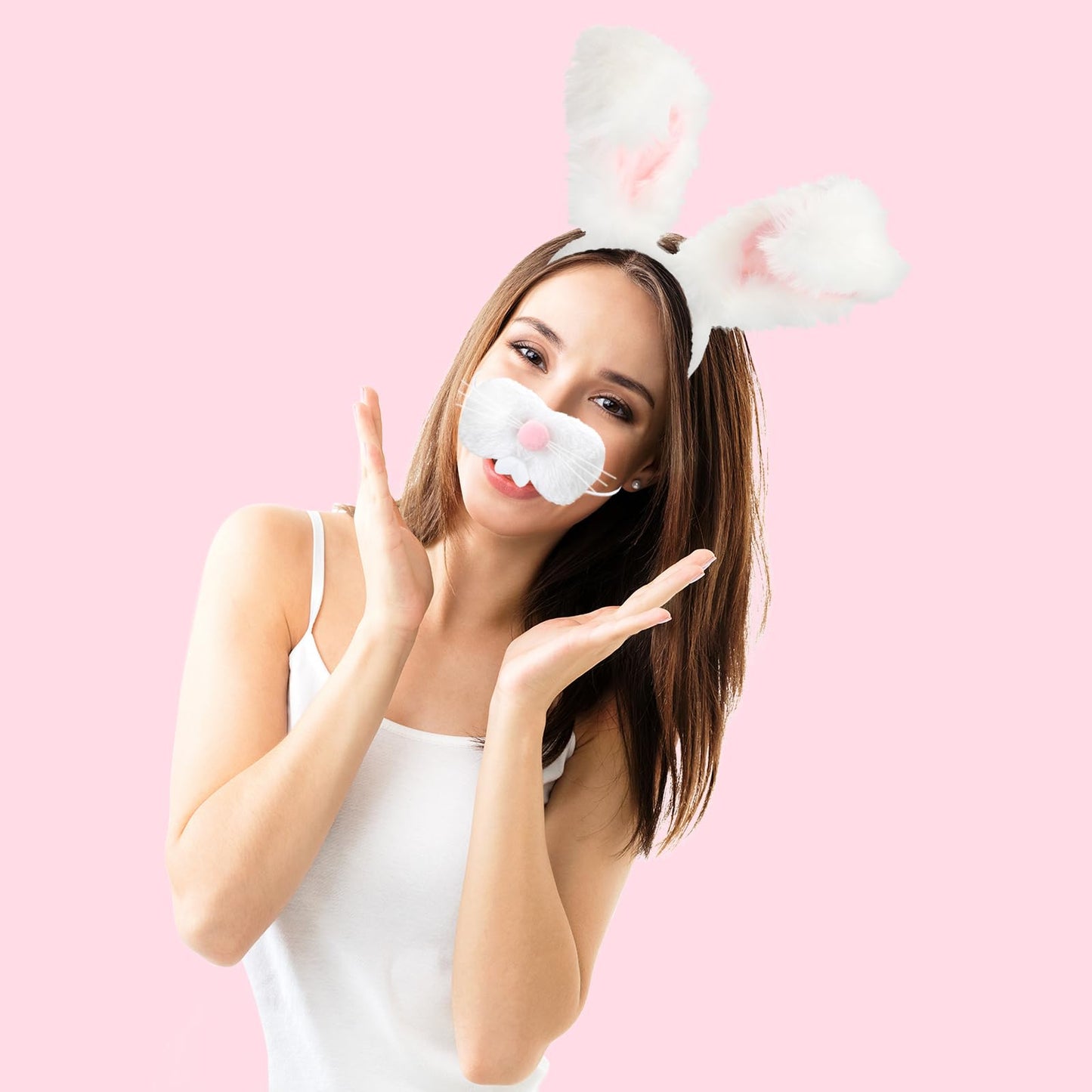 Gvhntk Bunny Ears Headbands Plush Fabric Bunny Nose Furry Rabbit Ear Headband Set Easter Party Prom Cosplay Supplies Halloween Costume Acessory for Women(White+Pink)