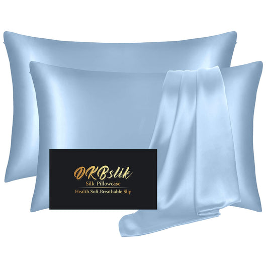 Silk Pillow Cases 2 Pack, Mulberry Silk Pillowcases Standard Set of 2, Health, Anti Acne,Beauty Sleep, Both Sides Natural Silk Satin Pillow Cases for Women 2 Pack with Zipper for Gift, Haze Blue