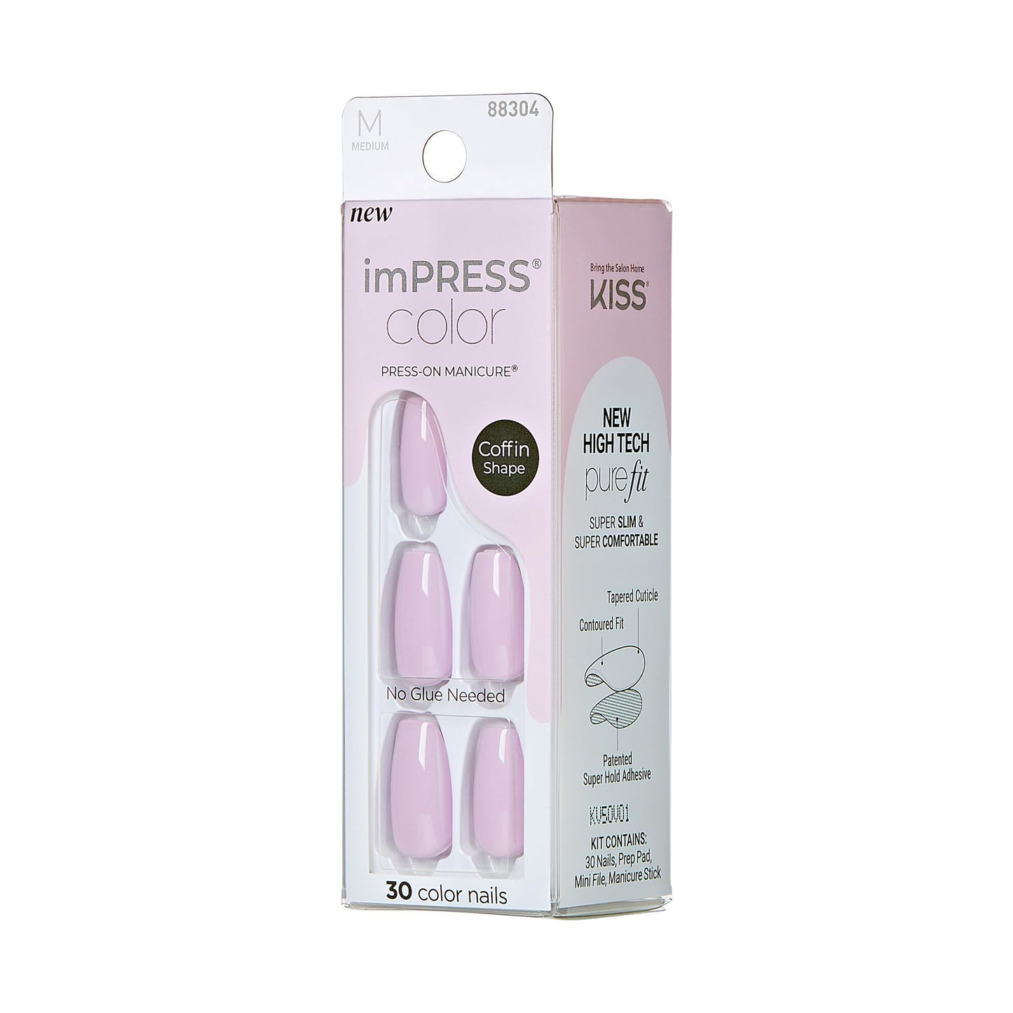 KISS imPRESS Color No Glue Mani 30 Pcs Press On Nails, Light Pink, Lavender, Medium Size, Coffin Shape, Simple Peel & Press Easy Apply, Hassel-Free Removal, Essential Tools Included