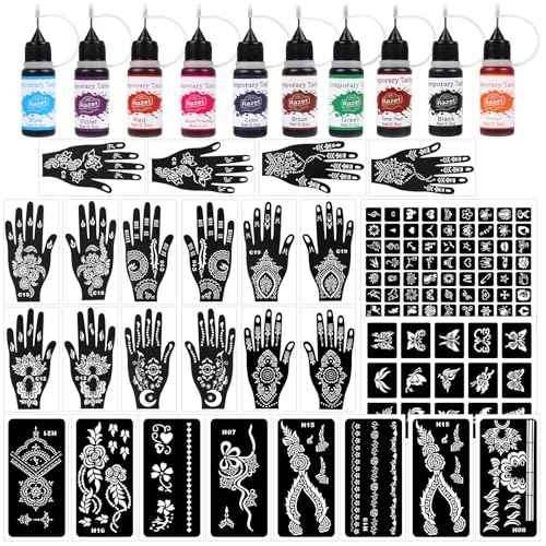 Tattoo Kit for Kids 10 Bottles Color Inks,94 Pcs Temporary Tattoo Stencils for Body Paint DIY Fake Tattoos for Kids