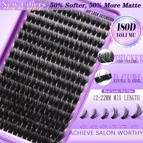 Thick Lash Clusters 180D Mega Volume Lash Extension 12-22mm Long Cluster Eyelashes Volume Individual Lashes D-Curly Faux Mink Eyelash Extension DIY Lash Extension for Beginners by FOINEMYED