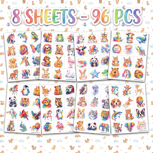 96 Watercolor Animal Temporary Tattoos for Kids