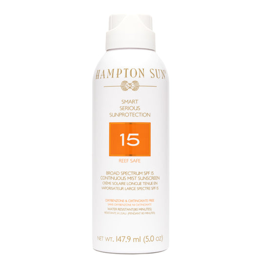 Hampton Sun SPF 15 Continuous Mist Sunscreen, Broad Spectrum UVA/UVB | Advanced Water + Sweat Resistance, Antioxidant-Rich Vitamin E + Aloe for Hydrated, Radiant Skin, Glowy Finish and Oil-Free.