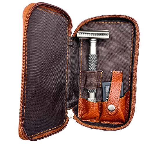Parker Saddle Brown Leather Safety Razor Travel Case