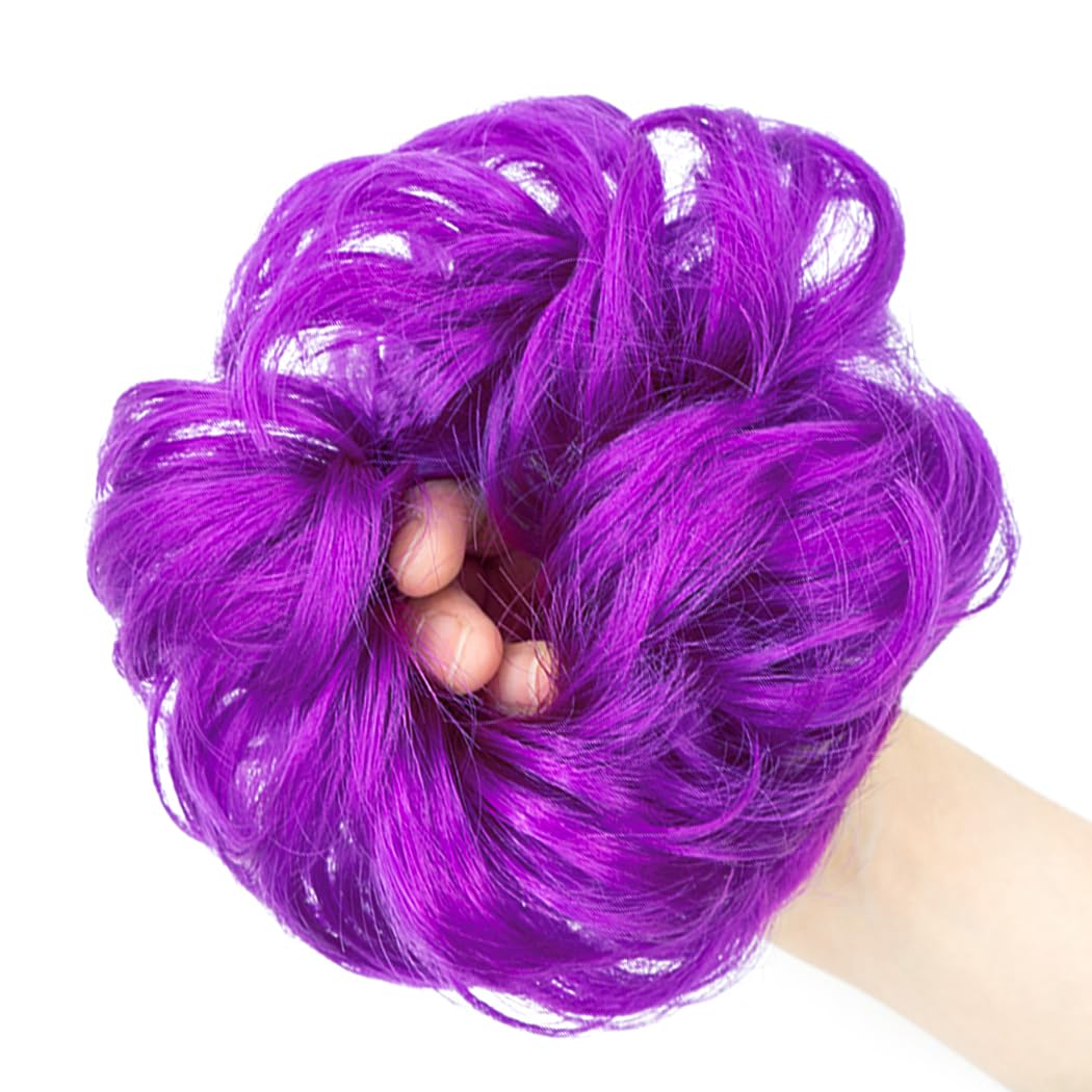 QTHQTFL 2pcs Messy Bun Hair Piece Scrunchie Hair Bun Hair Pieces for Women Girls Elastic Rubber Band Curly Wavy Synthetic Hair Bun Scrunchies Ponytail Extensions (Dark Purple)