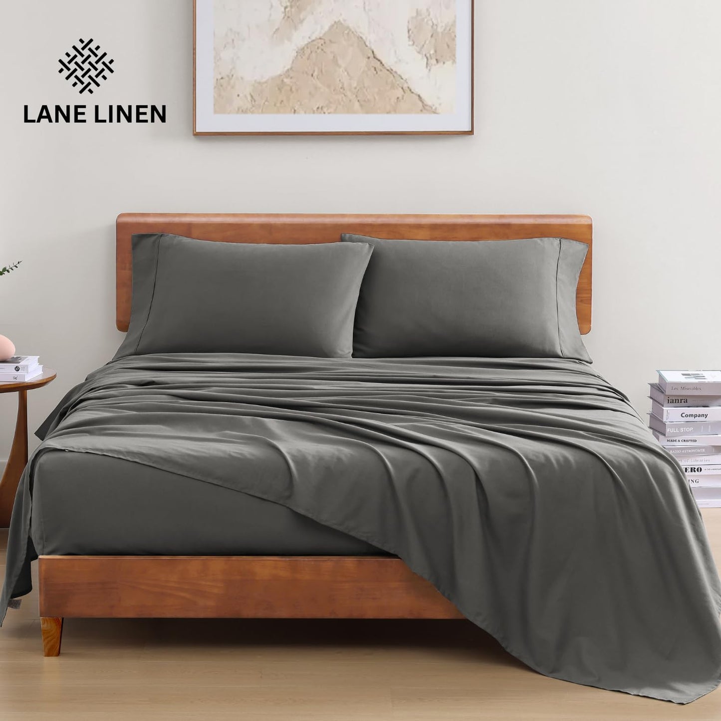 LANE LINEN 100% Organic Cotton Sheets Set, 3Pc Bed Sheets Twin Size, Classic Percale Weave, Breathable Twin Cotton Sheet Set, 15" Twin Deep Pocket Sheet Sets, Oeko-Tex Sheets - Charcoal