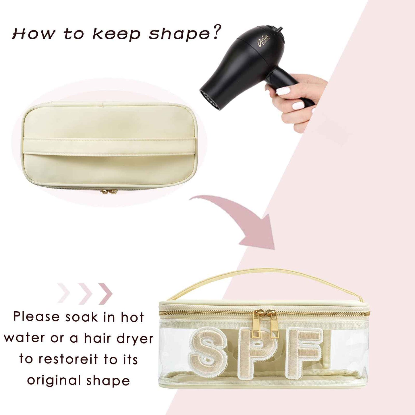 RSRSLEII Clear Waterproof Summer SPF Makeup Bag，Aesthetic Transparent Letter Patch Cosmetic Bag with Metal Zipper, Preppy Sunscreen Accessories Storage Organization, Beach Travel Purse(02SPF Beige)