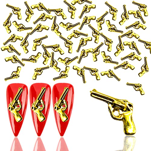 XEAOHESY 100pcs 3D Gold Metal Nail Gun Charms for Nails Pistol Shape Nail Charm for Nails Alloy Nail Stickers Nail Art Punk Accessories 3D Nail Charms for Women