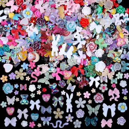 300 Pieces 3D Mix Assorted Resin Nail Charms Hollow Pearl Heart Nail Art Charms Gems Gummy Bear Star Heart Flowers Acrylic Beads