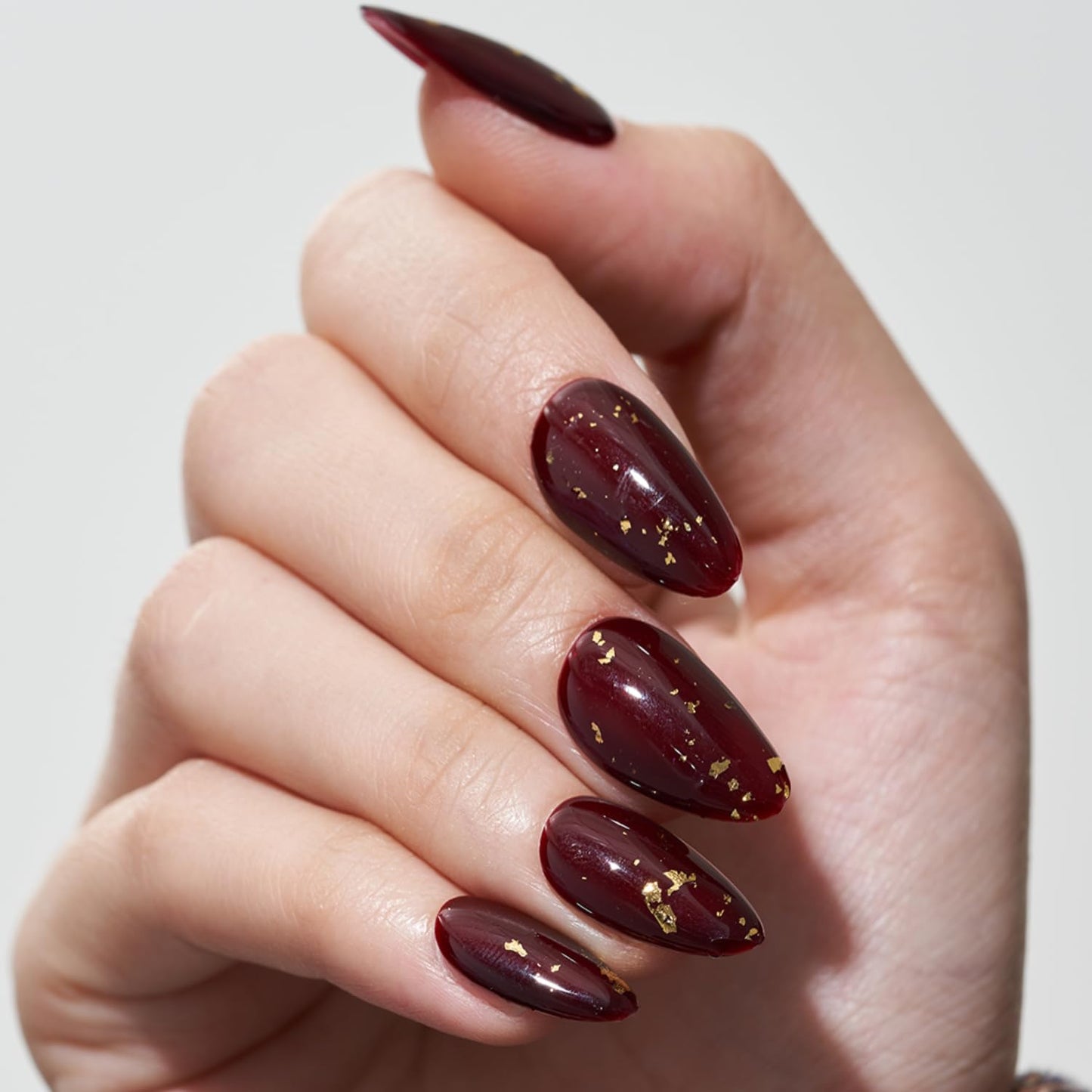 GLAMERMAID Burgundy Press on Nails Medium Almond- Handmade Jelly Gel Gold Foil Flakes Fake Nails Short, Deep Dark Red Stiletto Stick Glue on Nails Set, Glossy Reusable Acrylic False Nail Kit for Women